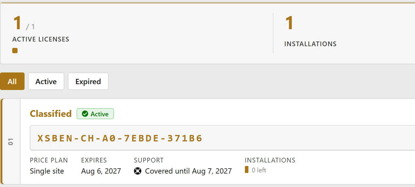 Your licences: an active Classified key with its plan, expiry and support window