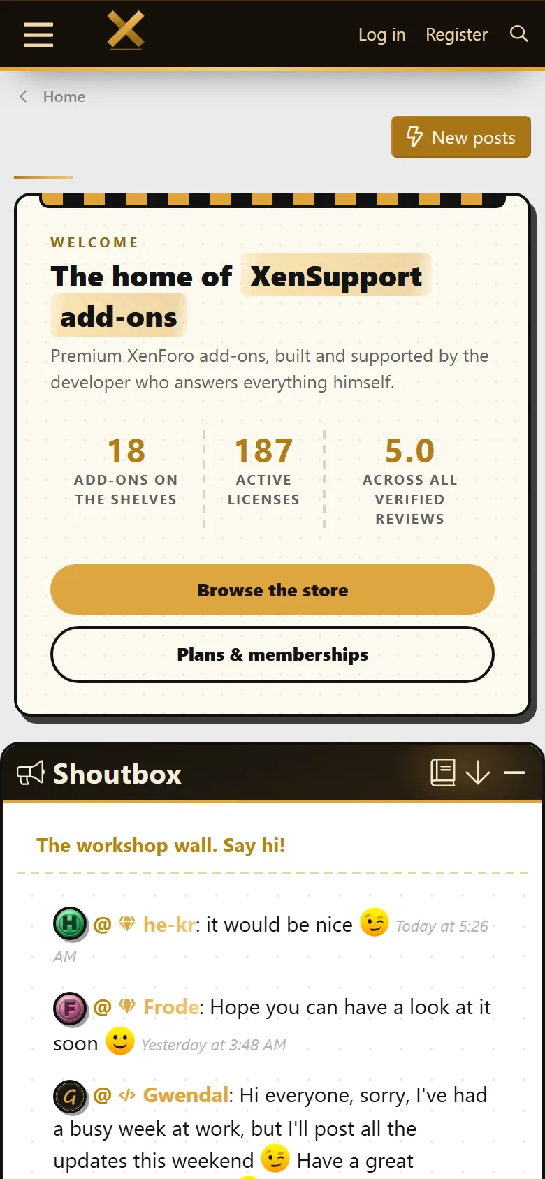 The forum home on a phone: the welcome card with 18 add-ons, 187 licences and a 5.0 score