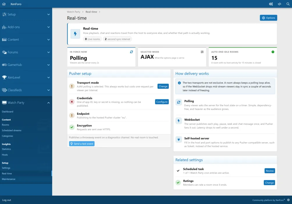 The Watch Party real-time settings: polling in force, Pusher setup, how delivery works