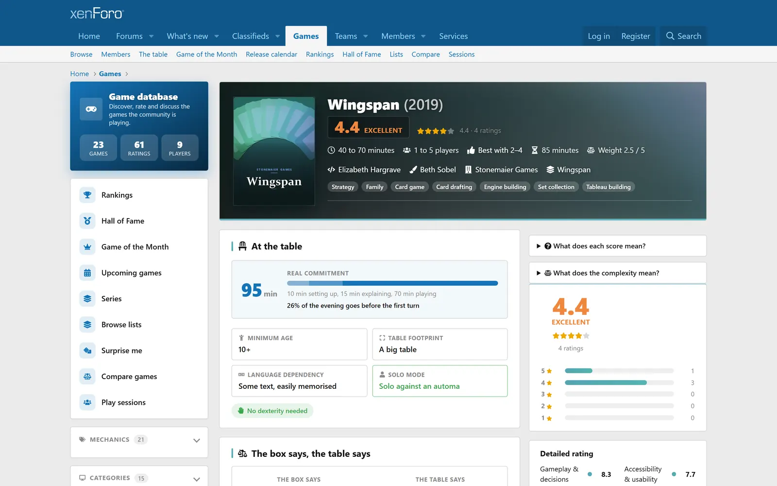 BoardGameHub: the Wingspan page with the real commitment gauge, ratings and detailed scores