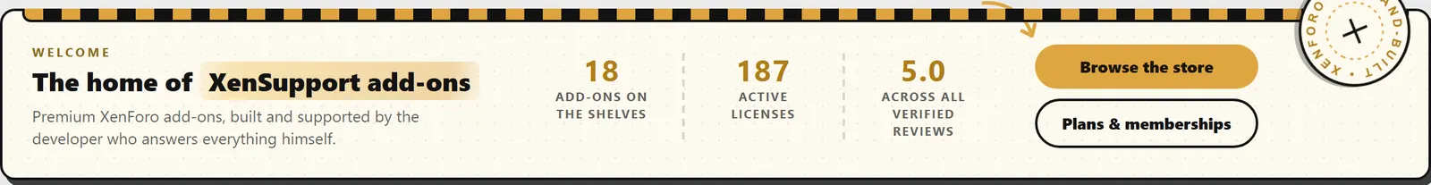 The forum home: the home of XenSupport add-ons, 18 add-ons on the shelves, 187 active licences, 5.0 across all verified reviews