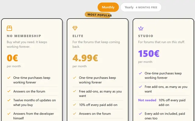 Plans: the three membership cards on the pricing page
