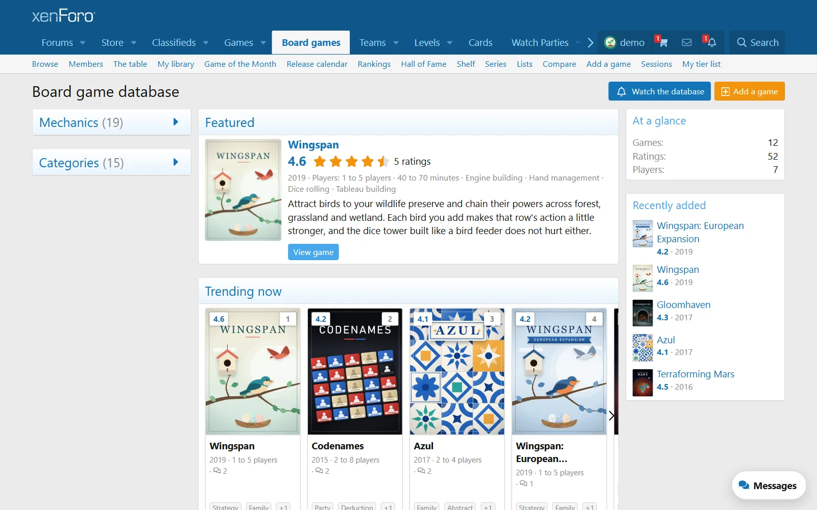 BoardGameHub on the live demo board, stock XenForo 2.3 style