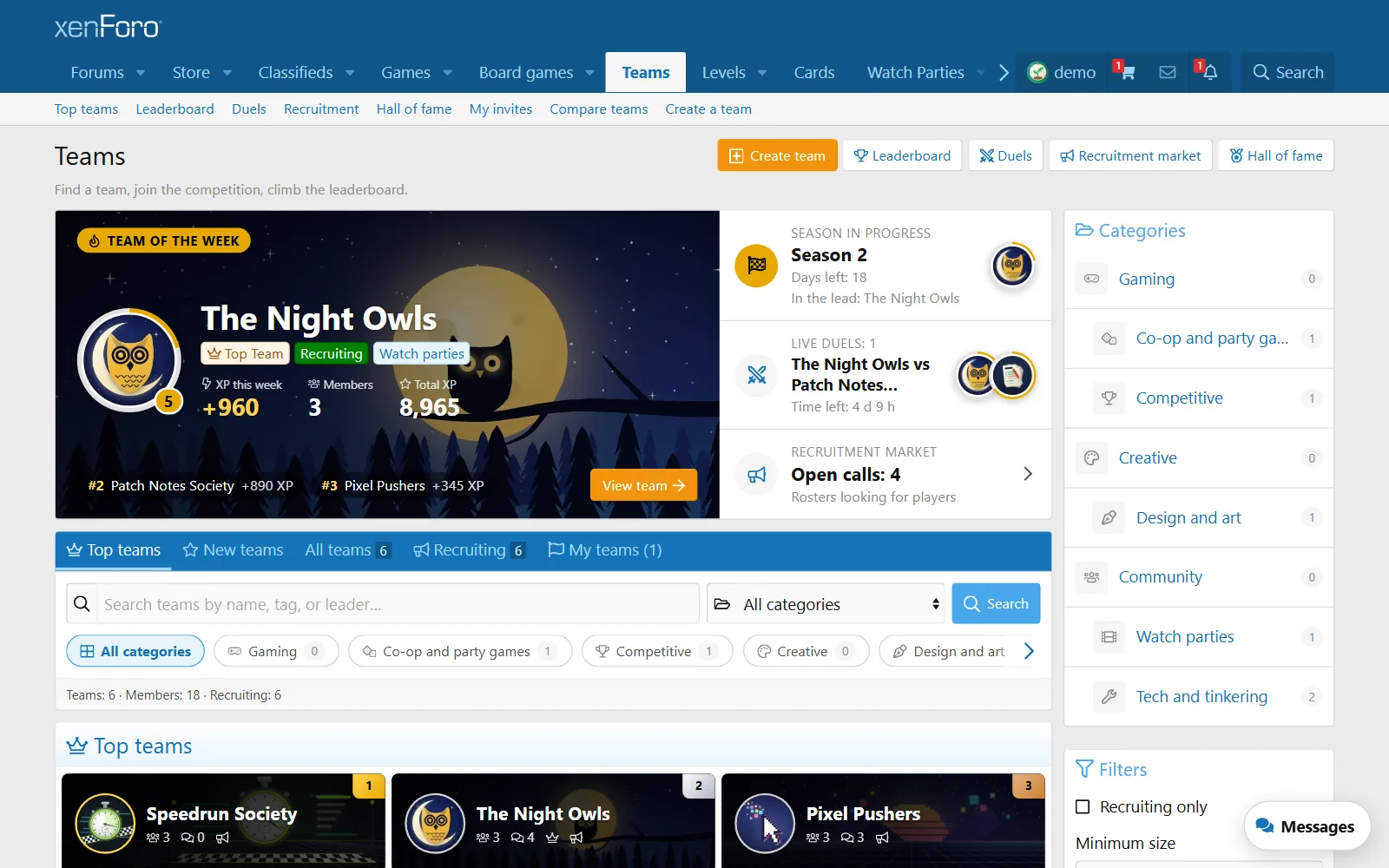 Teams on the live demo board, stock XenForo 2.3 style